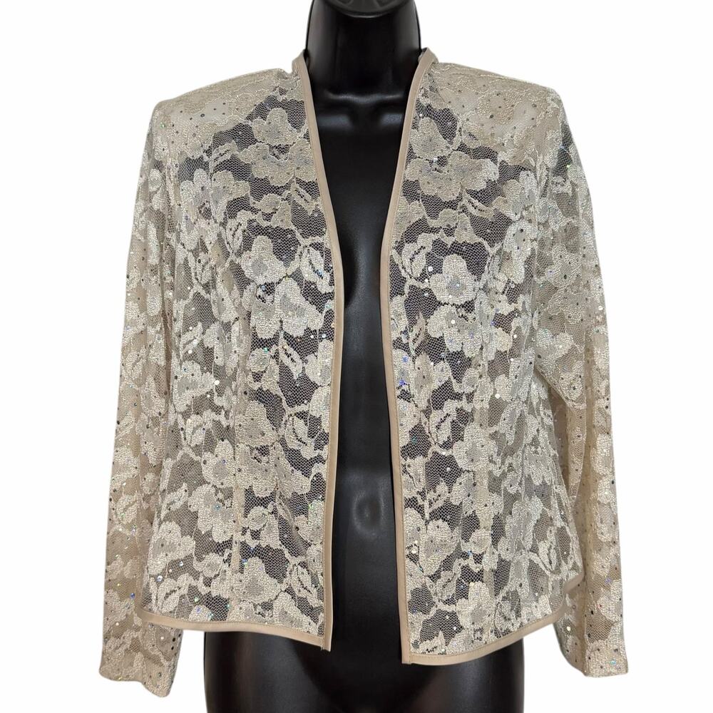 Vtg R&M Richards Sequined Floral Lace Jacket 10 Champagne Open Front Shrug Glam